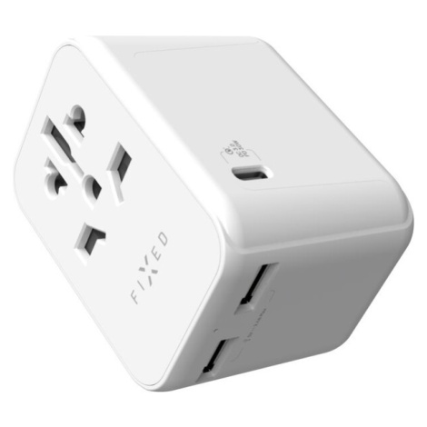 FIXED cestovní adaptér pro EU, UK a USA/AUS, 1xUSB-C a 2xUSB, GaN, PD 30W, bílý