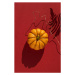 Fotografie Pumpkin, shadow of fern leaf and copper on red background in brightly lit., Olga Zary