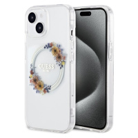 Guess PC/TPU Flowers Ring Glossy Logo MagSafe kryt iPhone 15 čirý