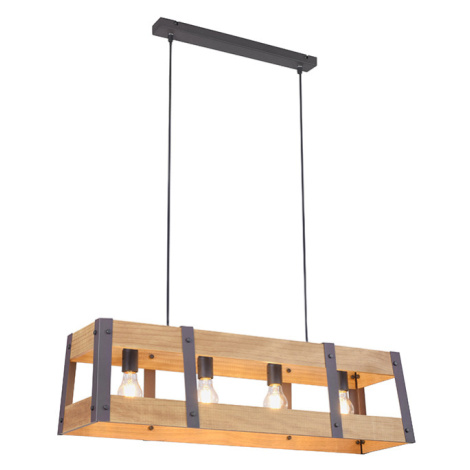 Průmyslová závěsná lampa černá se 4 světly ze dřeva - přepravka Paul Neuhaus