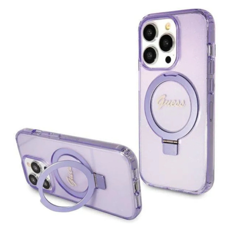 Guess hard silikonové pouzdro iPhone 15 PRO 6.1" purple Ring Stand Script Glitter MagSafe