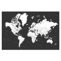 Plakát, Obraz - Blursbyai - Black and white world map, 60x40 cm