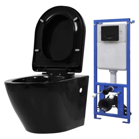 vidaXL Závěsná toaleta s podomítkovou nádržkou keramická černá