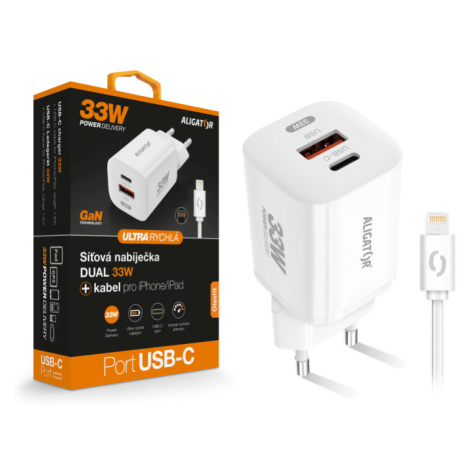 Aligator chytrý síťový adaptér GaN, Power Delivery 33W, USB-C/Lightning kabel, bílá