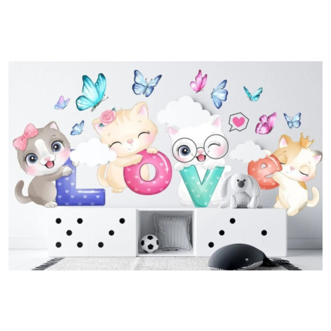 Nálepka na zeď pro dívky koťata s nápisem LOVE