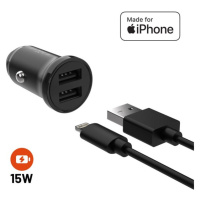 FIXED set autonabíječky s 2xUSB výstupem a USB/Lightning kabelem, 1 metr, Mfi, 15W černý