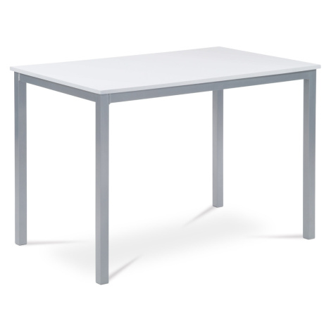 Jídelní stůl 110x70x75 cm, deska MDF, bílá barva, kovová podnož, střbrný lak Autronic