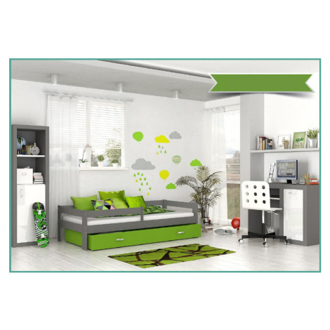 Expedo Dětská postel HARRY P1 COLOR s barevnou zásuvkou + matrace, 80x160, šedý/zelený