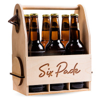 FK Dřevěný nosič na pivo s celokovovým otvírákem + 6ks kulatých podtácků - SIX PACK 32x26x16 cm,