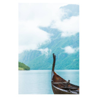 Ilustrace Old wooden viking boat in norwegian nature, Voyagerix, 26.7x40 cm