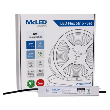 McLED LED pásek - sada 5 m, 240 LED/m, NW, 6 W/m, DC 24V, 520 lm/m, CRI90, IP67, 10 mm, vodič 3 