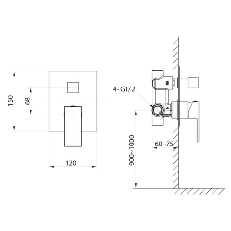 SAPHO CUBEMIX podomítková sprchová baterie, 2 výstupy, černá mat CM042B