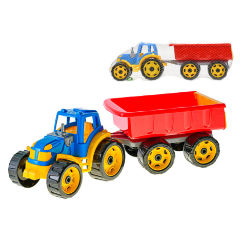 MIKRO TRADING - Traktor se sklápěcím přívěsem 54cm modro/červený v síťce