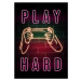 Ilustrace Play Hard-Gamer Neon Quote, 30 × 40 cm