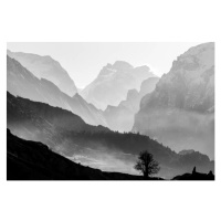 Fotografie Morning in foggy mountains. Black and, VittoriaChe, 40x26.7 cm