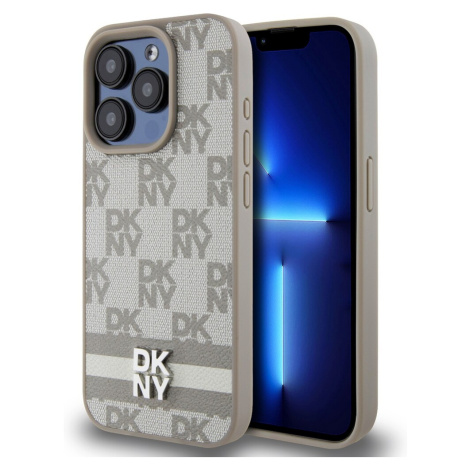 DKNY PU Leather Checkered Pattern and Stripe kryt iPhone 15 Pro béžový