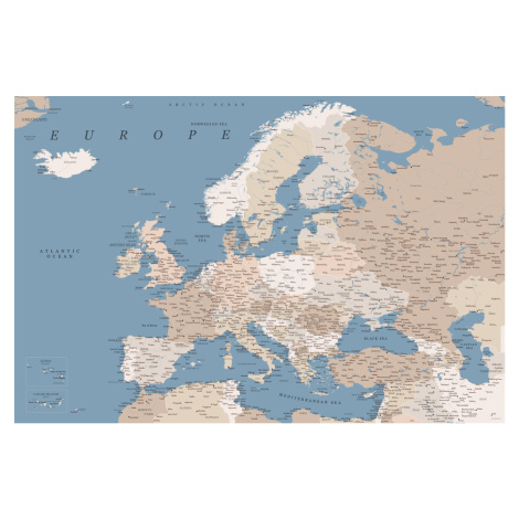 Mapa Detailed map of Europe in blue and taupe, Blursbyai, (40 x 26.7 cm)