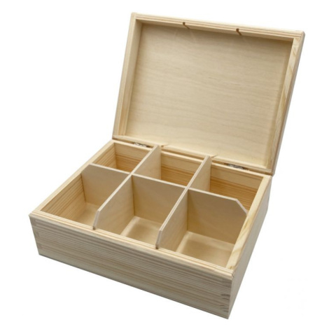 Dřevěná krabička s víkem na čaj s šesti přihrádkami 21,5x16,7x8cm