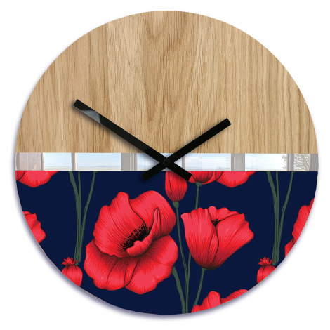 ModernClock Dřevěné nástěnné hodiny Máky 33 cm dub přírodní/červené