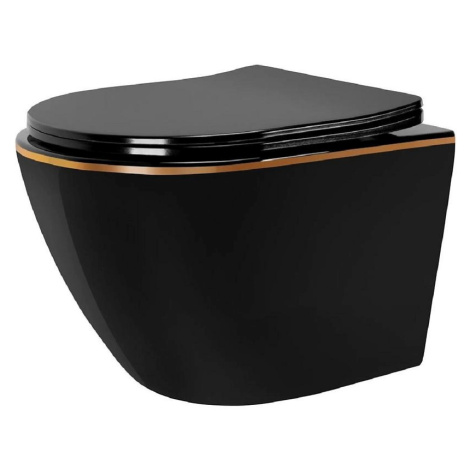 Závěsná mísa REA Carlo Mini Rimless Black Gold Edge se WC sedátko AQUA MERCADO