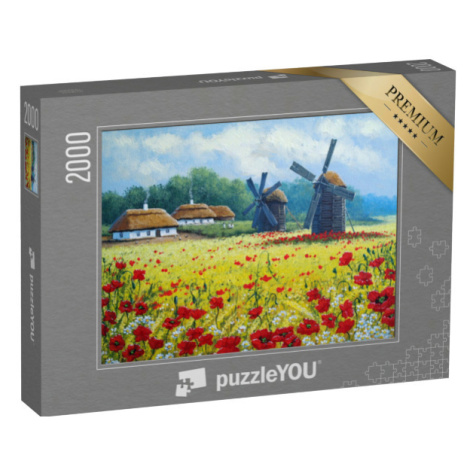 puzzle 2000 dílků „Krásná venkovská krajina, olejomalba“
