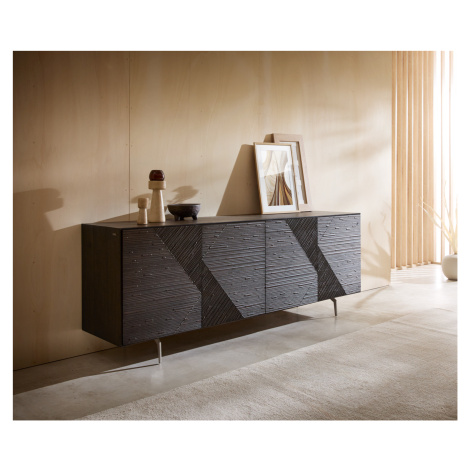 DELIFE Komoda Tereos 200 cm jasan tmavě hnědá 3D efekt 4 dvířka podnož ve tvaru L nerezová ocel 