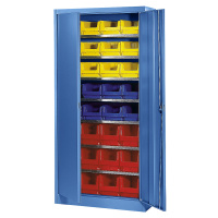 mauser Skladová skříň, jednobarevná, s 32 přepravkami s viditelným obsahem, 7 polic, modrá