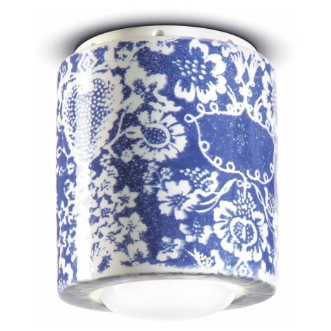 Ferroluce Stropní lampa PI, květinový vzor, Ø 12,5 cm modrá/bílá Ferro Luce