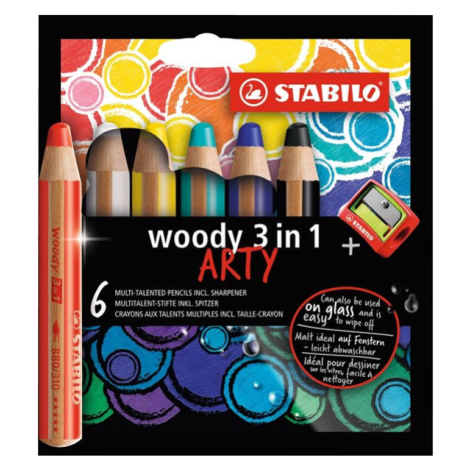 STABILO woody 3 in 1 Multifunkční pastelka ARTY - sada 6 barev s ořezávátkem
