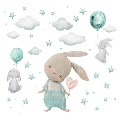 Samolepka do dětského pokoje - Zajíčci s hvězdičkami v mentolové barvě INSPIO