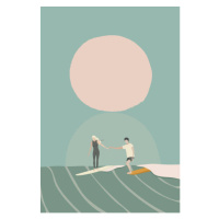 Ilustrace A surf couple surfing on the longboard surfboards, LucidSurf, 26.7 × 40 cm