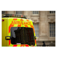 Fotografie European style ambulance in front of building, Chalabala, 40x26.7 cm