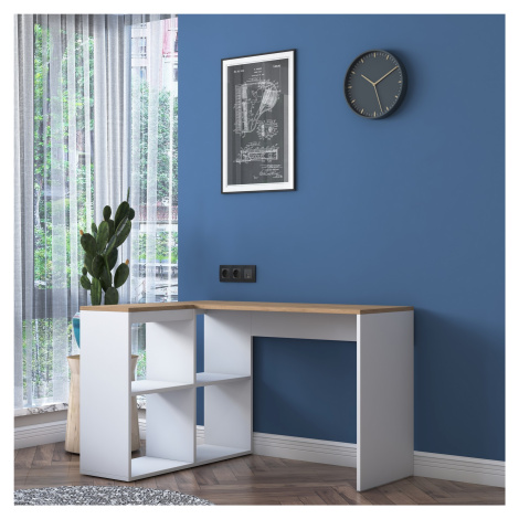 Kalune Design Rohový psací stůl Mario 120 cm s úložným regálem dub přírodní/bílý
