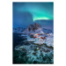 Fotografie Northern lights over snowcapped mountain, village, Natthawat, 26.7 × 40 cm