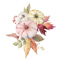 Ilustrace A watercolor vector bouquet for Thanksgiving, a greeting arrangement with colorful pum