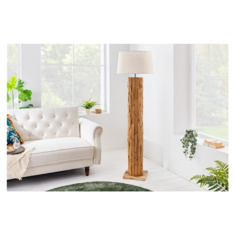 Estila Stojící vysoká lampa Treety z teakového masivu ve venkovském stylu s krémovým stínítkem 1