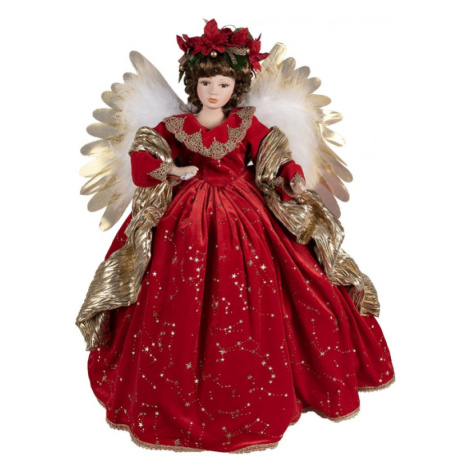 Červená vánoční dekorace anděl se zlatými křídly a zlatou šálou – 65 cm Clayre & Eef
