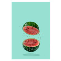 Fotografie Watermelon sliced flying on pastel green, Amax Photo, 26.7x40 cm