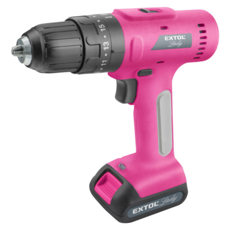 vrtací šroubovák aku s příklepem, růžový, 12V Li-ion, 2000mAh, v kufru s nářadím, sada 27ks Extol Lady