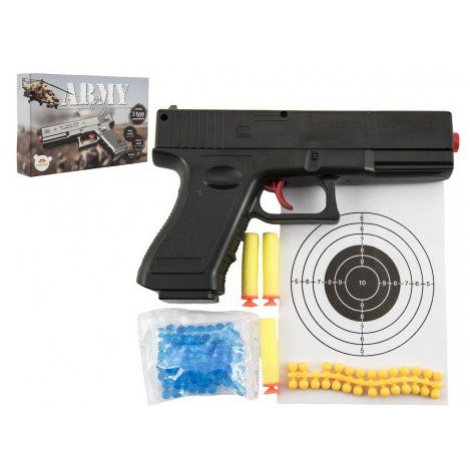 Pistole na kuličky 20cm plast + vodní kuličky 6mm,pěnové náboje 3ks,gumové kul. v krabičce 23x15 Teddies