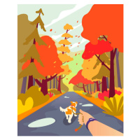 Ilustrace Simple cartoon people at autumn park. Walk the dog. Fall season and people leisure, ou