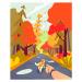 Ilustrace Simple cartoon people at autumn park. Walk the dog. Fall season and people leisure, ou