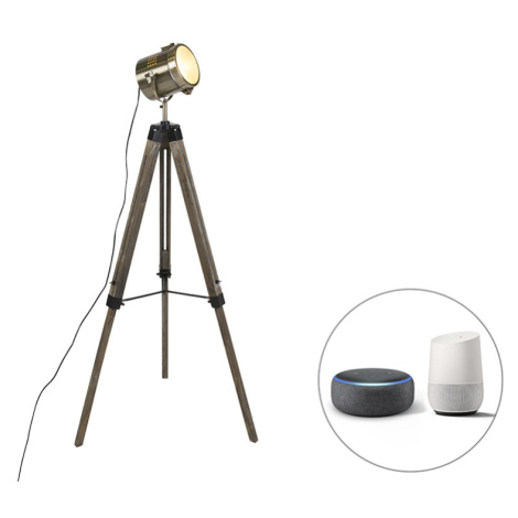 Chytrá stojací lampa trojnožka dřevěná se studiovým světlem vč. Wifi B35 - Braha QAZQA