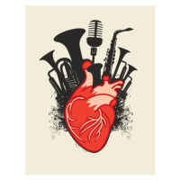 Ilustrace music poster with human heart and wind instruments, paseven, 30 × 40 cm