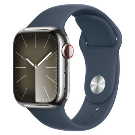 Apple Watch Series 9 Cellular 41mm Stříbrná ocel s bouřkově modrým sportovním řemínkem M/L Stříb
