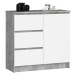 Ak furniture Komoda JERRY K 80 cm 1 dveře 3 zásuvky beton/bílá
