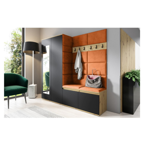 Eka Předsíňová stěna s čalouněnými panely Trinity 8 - Dub Artisan s černou / Okrová 2325