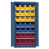 mauser Skladová skříň, jednobarevná, s 28 přepravkami s viditelným obsahem, 6 polic, modrá, od 3
