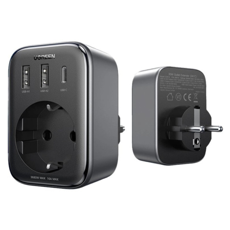 30W síťová nabíječka (2xUSB/USB C/AC) / EU - EU 13A adaptér Ugreen CD314 - černý