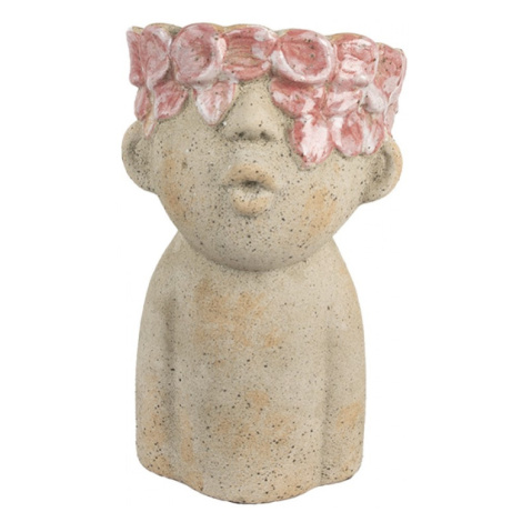 Cementový květináč hlava s květinami s růžovou glazurou Tete M – 16x15x25 cm Clayre & Eef